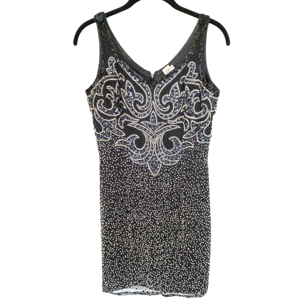 Vintage 80s Black Beaded Sequin Silk V-Neck Cocktail Mini Dress Party Size 8